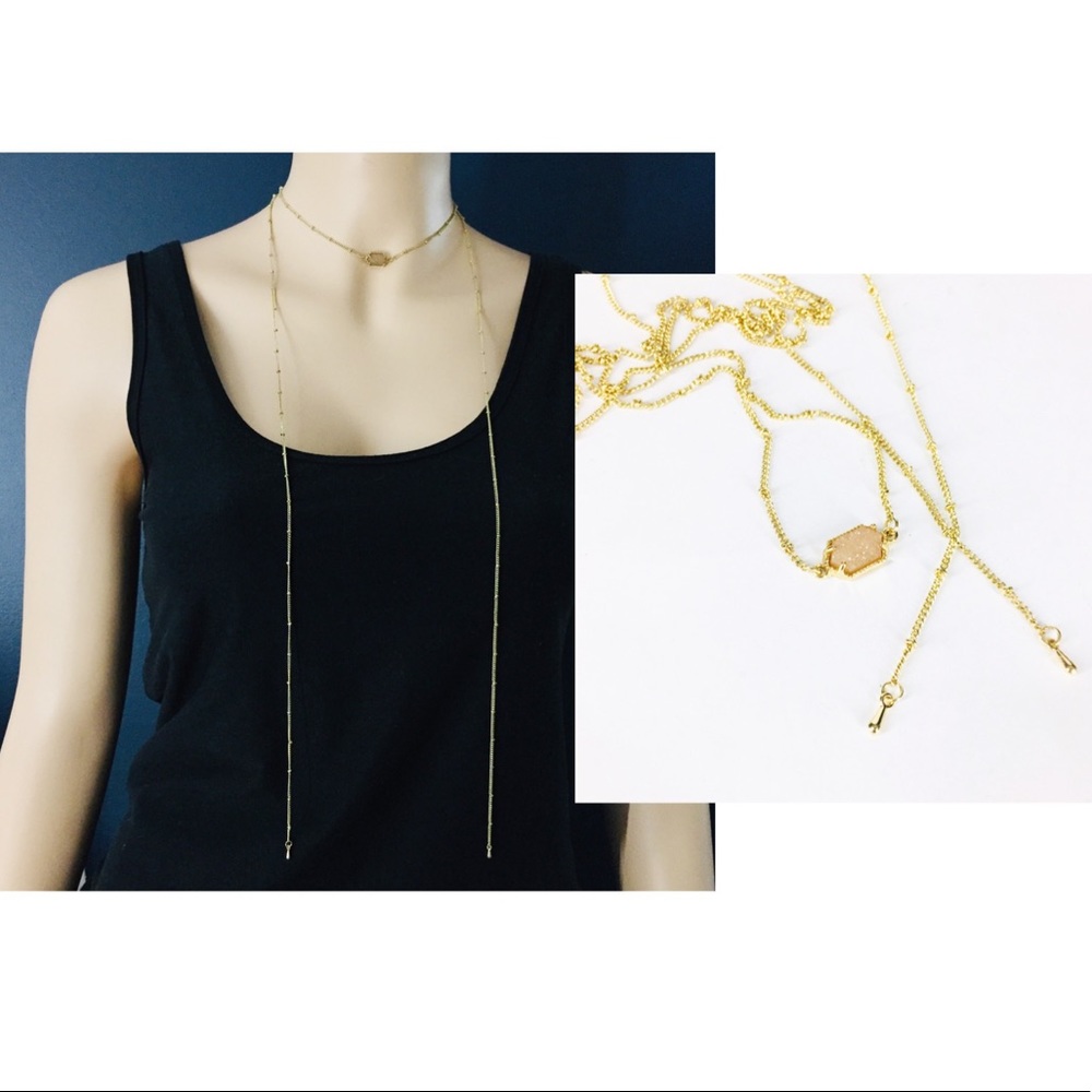 Pink Druzy Quartz Gold Tone Wrap Necklace